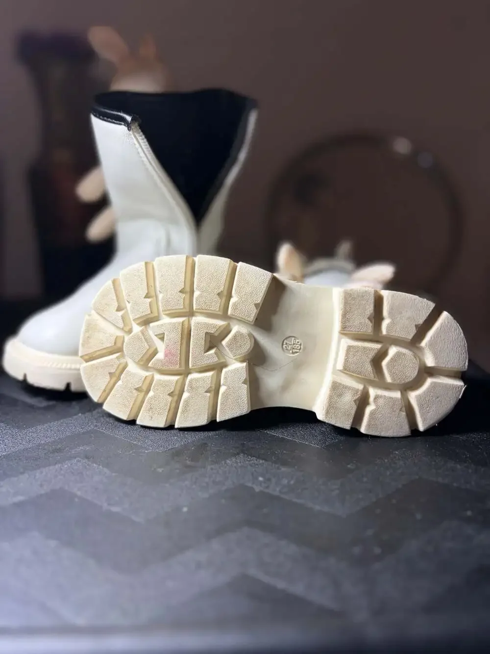 Toddler Girls White Faux Leather Lug Sole Winter Boots with Plush Bunny Accent